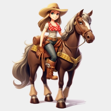 a beautiful smiling anime girl, dressed as a western cowgirl, riding a horse, full body image, pixar style, clipart