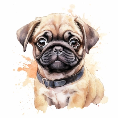 Cute Pug dog portrait, full face, centered shot, side shot, dynamically posed, in action, playful mood, happy mood, playing mood, cute face, adorable smile, childlike eyes, clean watercolor illustration, white background, nursery baby imagery, painting, detailed, 8k, PNG, clipart