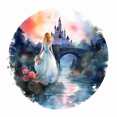 light watercolor wild castle and beauty girl in the moonlight in beautiful forest with bridges, roses, flowers,and lights realistic clipart on white background