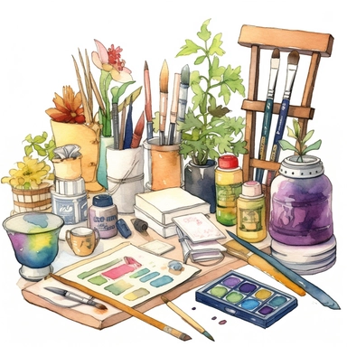 Watercolour clipart life of a crafter, including hobby plotter, scissors, card stock, watercolour style, white background, soft and muted colours, high quality, high detailed, 8K, f1