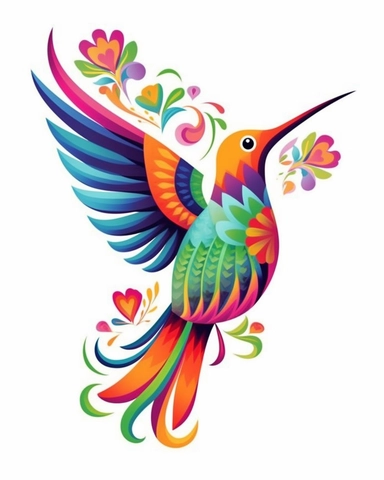 Create a colorful and playful clip art of a hummingbird. Keep the design simple and minimalistic, focusing on capturing the essence of the bird's shape and character. Use bold and vibrant colors to make the hummingbird stand out. Include a small flower or a few scattered petals as a decorative element. Emphasize clean lines and smooth curves to give the clip art a sleek and modern look. Aim for a high-quality, vector-based artwork that can be easily resized and used in various digital and print 