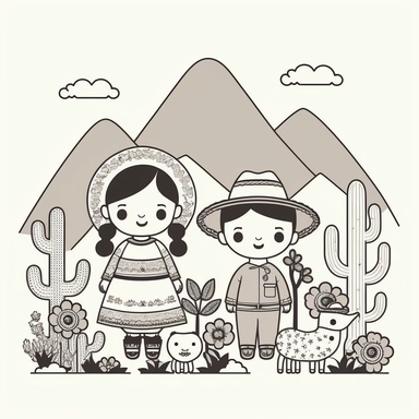 Landscape, simple, traditional costume, local food, animal, educational, history, and cultural diversity, clipart style, cute, captivating, kid friendly cute character, not color style, cartoon style, simple, line art style, character, white background, black and white coloring book for kids, flat vector, simple line drawing, thick lines, very low detail