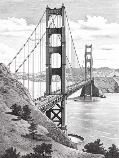clip art Drawing with a B2 pencil, golden gate bridge, clean line art, thick lines, very detailed and high-quality drawings, create amazing coloring page