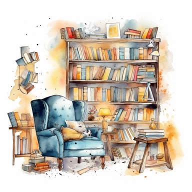 Bookworm Reading Watercolor Clipart, Library Interior Room, Favourite Place, Books Bundle PNG, Book Reading, Instant Download