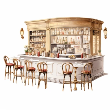 Cozy creamy French cafe counter nestled in a quaint corner of the cafe. The counter features a cream-colored marble countertop and vintage brass accents. It is surrounded by cozy seating areas with bistro-style tables and chairs. Clipart, solid white background, Ultra-detailed, hyper-realistic, intricate detail.