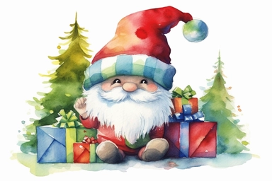 adorable christmas gnome with hat covering his eyes, colorful vibrant, red green white, christmas tree and presents, watercolor clip art