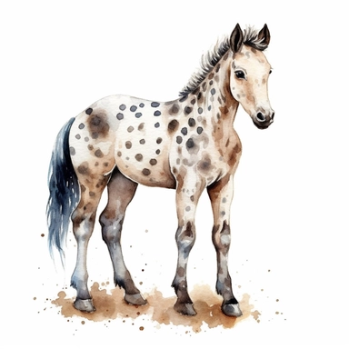 Appaloosa baby horse, highly detailed, watercolor, clipart, illustration, white background, digital painting, paper crafting, no signature, no text