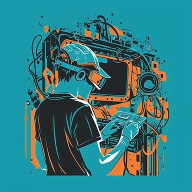 worker in vr headset, industrial, helmet, virtual reality hmd, repairing hardware, poster, simplistic, abstract, vector, 2d illustration, clipart, few colors