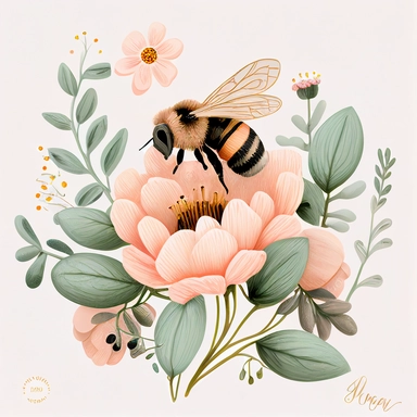 clipart, a rifle paper co illustration of one cute honeybee on pastel pink flower on a white background