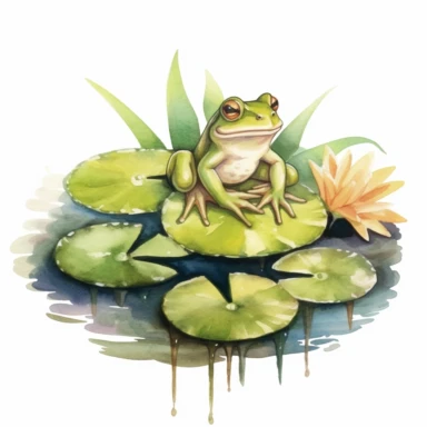 Watercolor Lily Pond Clipart - springtime cute lily pad and frog pond, clipart, white background