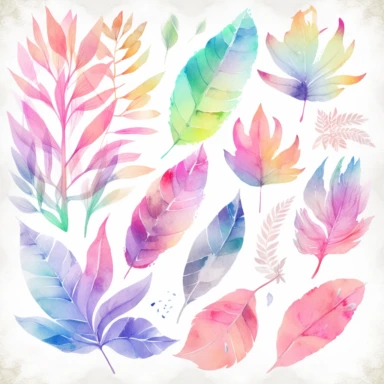 soft colorful neon pastel colored big leaves and flowers clipart set, colorful fairy pastel colors watercolor style, plain white background, use of fabric, intricate depth of shading in soft watercolor style, watercolor--v 4