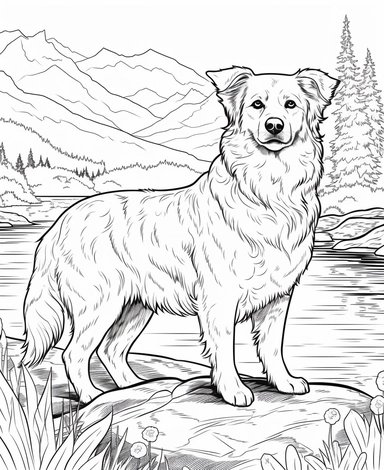 expert coloring page style of realistic of corgi Dog breed Clipart, simple lake background, simple line art, line is crisp and clean, easy to color