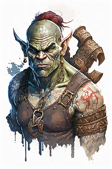 half orc blacksmith dungeons and dragons character, upper body portrait, highly detailed watercolor clipart