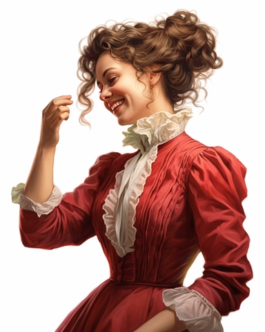 detailed smiling beautiful lady , dressed in a red victorian vintage dress fixing hair, hyper realistic, 8k, isolated on white backgorund, clipart
