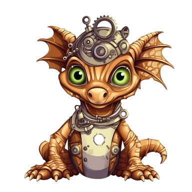 friendly dragon with cute eyes, in the style of steampunk, clipart, white background