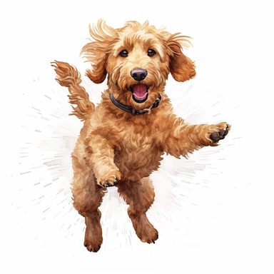 high detailed, Hand drawn watercolor clipart of a Goldendoodle doo excited to greet owner, on a pure white background for background removal, no shadow, no paint splash