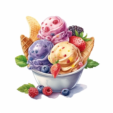 Gelato: Italian-style ice cream, often served with a variety of flavors and toppings, watercolor clipart illustration, flat blank transparent background, food photography, soft cinematic lights, juicy, bright, high quality, ultra detailed, 32k