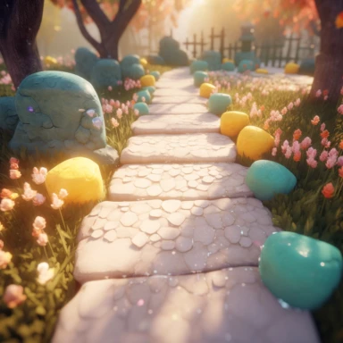 garden path in spring, illustration,watercolor texture style, popmart blind box, clay material, bright background, award-winning, LED, 3d art, depth of field, Pixar trend, surreal, octane rendering, ray tracing, complex details, animation lighting, stack white background, clipart style, clip art style
