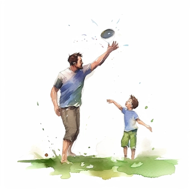 Father and child playing catch or throwing a frisbee, water color style, clipart, white background
