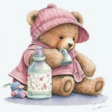 an ultra Cute little newborn baby teddy bear wearing pink traditional classic striped pyjamas and bedtime hat with a pink baby bottle of milk and a pink pacifier sitting on a pink fluffy rug, watercolour, cute,, bedtime, sleepy, dreamy, isolated on white background, Clipart