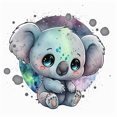The most cutest cartoon baby koala with big open eyes, on a planet clipart, planets, watercolor, dream art, baby animals, vector art, children art, particles around the object, children cartoon, sticker art design, white background,