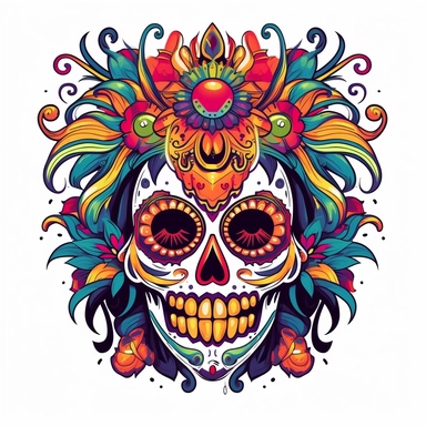 isolated flat clipart on a white background of a spooky day of dead themed voodoo mask tshirt design graphic, in the style of daniel f. gerhartz, transcendent, nikon d850, art of burma, captures the essence of nature, in the style of organic forms and patterns, expansive skies, hyper-detailed illustrations, i can't believe how beautiful this is, lively colors