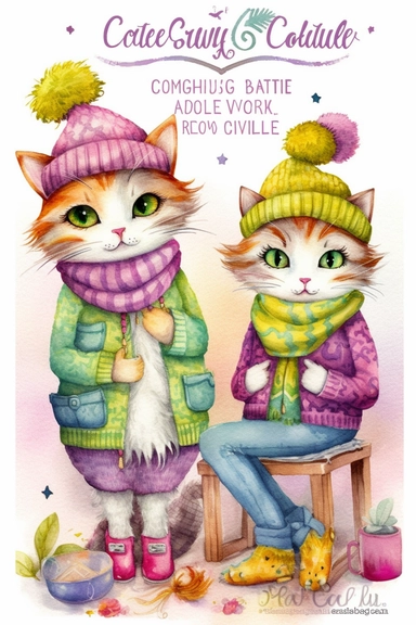 watercolor Clipart, couple Cats in knitted clothes, Cartoon–cute or childlike, Whimsical illustrations, charming, childlike, carefree, dreamy, fun and colorful, cute, watercolor, hand-drawn, digital painting, soft lighting, bird's-eye view, seed1