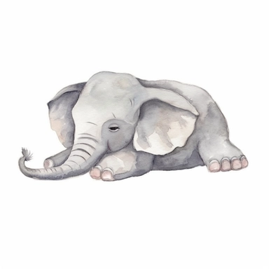 Cute sleeping baby elephant, watercolor handpainted clipart as seen on Etsy. Cartoonish appearance with exaggerated body proportions, but atomically correct limb positions and number. Elephant is lying down, with legs tucked under his body, trunk curled a