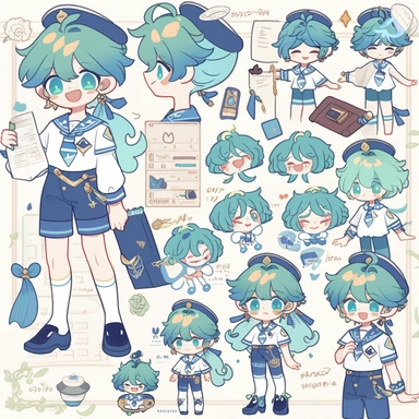 character sheet, knoling, clipart, inventory catalog, cute chibi character, light blue-green hair, long hair, long bangs, blue-green eyes, flat chest, beautiful young boy, sailor, blue shorts, dark blue socks, whale , soda, sandwich, ?