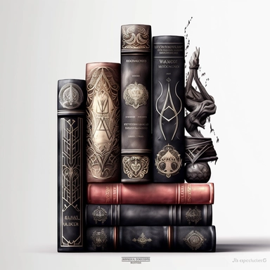 Create an impressive clipart of a clean, dark wizard's book stack on a pure white background. The design should incorporate elements of the gothic and fantasy genres, with dark hues and ornate designs on the books' spines. The lighting should be moody and shadowy, with a focus on the intricate details of the books' covers. The book stack should be perfectly symmetrical to create a sense of order and balance. Use a macro lens to capture the intricate details of the books' designs and play with th