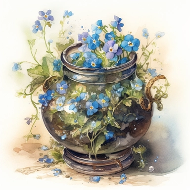 llustration watercolor art of cute beautiful jar with forget-me-nots jam, jewelry, provence, meadow, many small and colorful particles, masterpiece by Jean-Baptiste Monge style and by Ivan Fedorovich Choultse style and Hans Zatzka style and Vladimir Kush style, rococo style, PNG clipart, isolated on white, extreme photorealistic details, 32k HD resolution, realistic high detailization high resolution