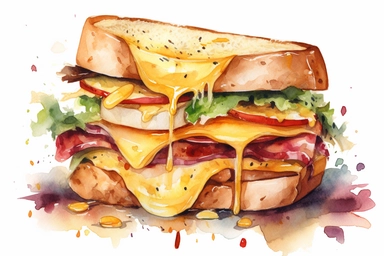 watercolor ham and cheese sandwich with meted cheese oozing from sandwich clipart art, hd, on white background, spaced out