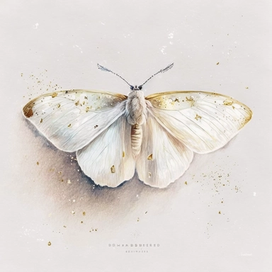A white moth, on a bed of glitter, white, gold, glitter, fantasy, realistic illustration, watercolor, by Dinara Mirtalipova, by Disney, bright and airy Colors, concept art, white background , clipart