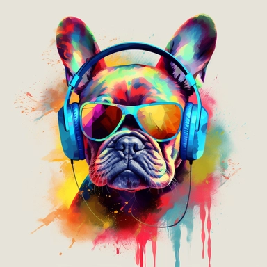 french bulldog, transparent backround,clipart,4k hd, ,headphone,sunglasses, really really colorful