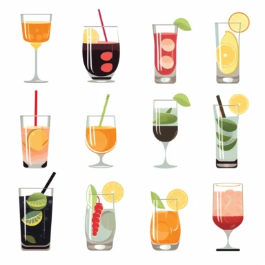 Digital stickers, planner decorative elements of different alcohol drinks, children's book illustration style, pastel color, cartoon clipart, flat colour, flat design, vector