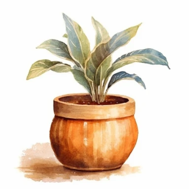 A cozy watercolor clipart image showcasing a charming house plant in a rustic pot. The plant's broad leaves, painted with soft brushstrokes and earthy tones, emanate a sense of warmth and comfort. The pot, with its weathered appearance and textured details, adds a touch of rustic charm to the composition. This inviting clipart is perfect for designs that seek to create a cozy and welcoming atmosphere, reminiscent of the serenity of a well-loved home. clipart