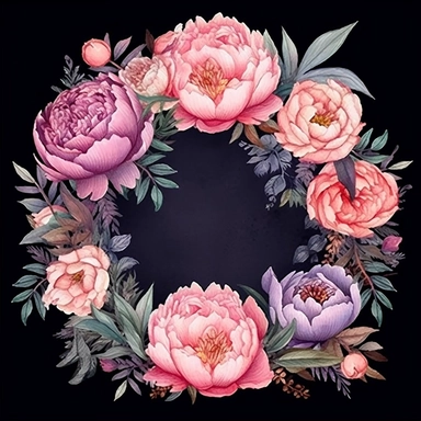 framed by thin border, wide view, central composition, fit in shot, full length, uncropped ,watercolor peonies wreathes, clipart, vector, dark background
