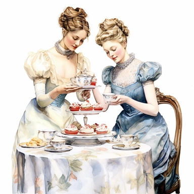 watercolor, hyper realistic, white background, white margins, 16k, ultra detailed clipart, cut out image, hand-drawn two Victorian girls participating in the traditional afternoon tea ritual, complete with a tiered cake stand, tea pot, and cups, capturing the elegance of the era.