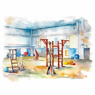 A school gym clipart in the style of watercolor illustrations, white background