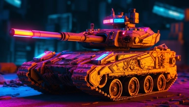 cyberpunk 2077 inspired camouflaged neon tank with laser turrets, armored vehicle in post apocalyptic dessert clipart. Cinematic, Ultra-Wide Angle, Depth of Field, hyper-detailed, Unreal Engine, Cinematic, Photoshoot, Shot on 25mm lens, Depth of Field, DOF, Tilt Blur. Shutter Speed 1/1000, F/22, White Balance, 32k, Super-Resolution, Megapixel, Pro Photo RGB, VR, Lonely, Good, Massive, Half rear Lighting, Backlight Natural Lighting, Incandescent, Optical Fiber, Moody Lighting, Cinematic Lighting,