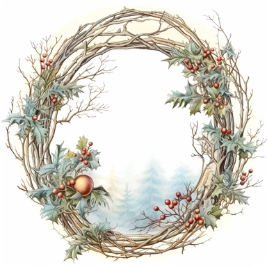 stunning christmas frame made of snowy branches , beautiful Christmas clipart, soft faded colors, beautiful watercolor art by Marjolein Bastin, Thomas Kinkade, Carl Larsson, Norman Rockwell, Susan Wheeler