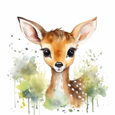 Craft a caricature watercolor-style clipart of an enchanting baby deer lying in a softly blurred forest. The baby deer is featured with disproportionately large, sparkling eyes and an irresistibly large head that adds to its charm. Its fur is a soothing blend of light brown with delicate white spots dotted across. The caricature style amplifies its youthful innocence, putting emphasis on the deer's large eyes filled with a sense of serenity and mild curiosity. The baby deer is lying down in a co