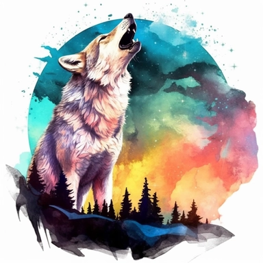 watercolor illustration of a beautiful and cute Wolf howling at the moon in nature Double exposure clipart, in the style of realistic watercolor paintings, realistic, detailed, bright colours, white background, clipart, detailed