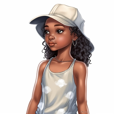 a drawing of a curious young little black girl wearing a baseball cap and tshirt, pretty summer sundress, black girl fantasy, cartoon illustrations, vector clipart, in the style of 32k uhd, lilia alvarado, walt disney, depictions of aristocracy, childlike, photorealistic details, white background