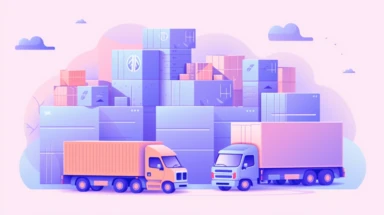 a simple flat microsoft office clip art style illustration of a logistics company, trucks and packages, surrounded by documents on the background, light purple blue pastel color palette