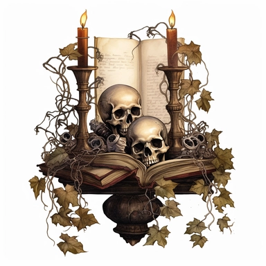 gothic clipart, skulls, books and ivy. goblets, candles