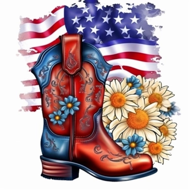 American flag with Cowboy boots Flower Sublimation Clipart, Cartoon funny, Cute anime, Very detailed, Colorful firework sky background--v 5