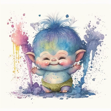 a watercolor clip art character illustration that combines the innocent and angelic expression of Precious Moments with the mischievous and magical attributes of Trolls. Cute colorful splash scene.