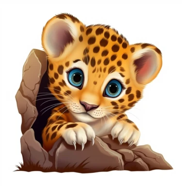 cute leopard cub, peeking out from behind a rock, bold colors, clipart, on a white background