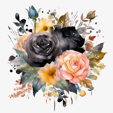 Birthday bouquet black roses watercolor design clipart